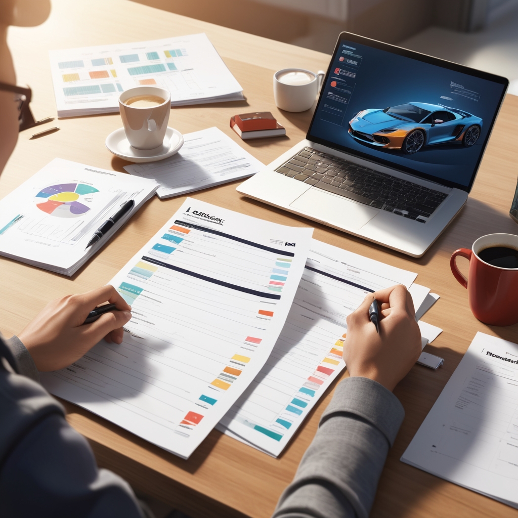 Over-the-shoulder view of a checklist and laptop with car models, highlighting a detailed car buying checklist for research Over-the-shoulder view of a checklist and laptop with car models, highlighting a detailed car buying checklist for research